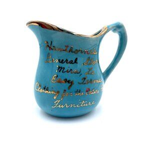 Vintage Blue Ceramic Pitcher With Gold Accents & Hawthornes General Store Miras